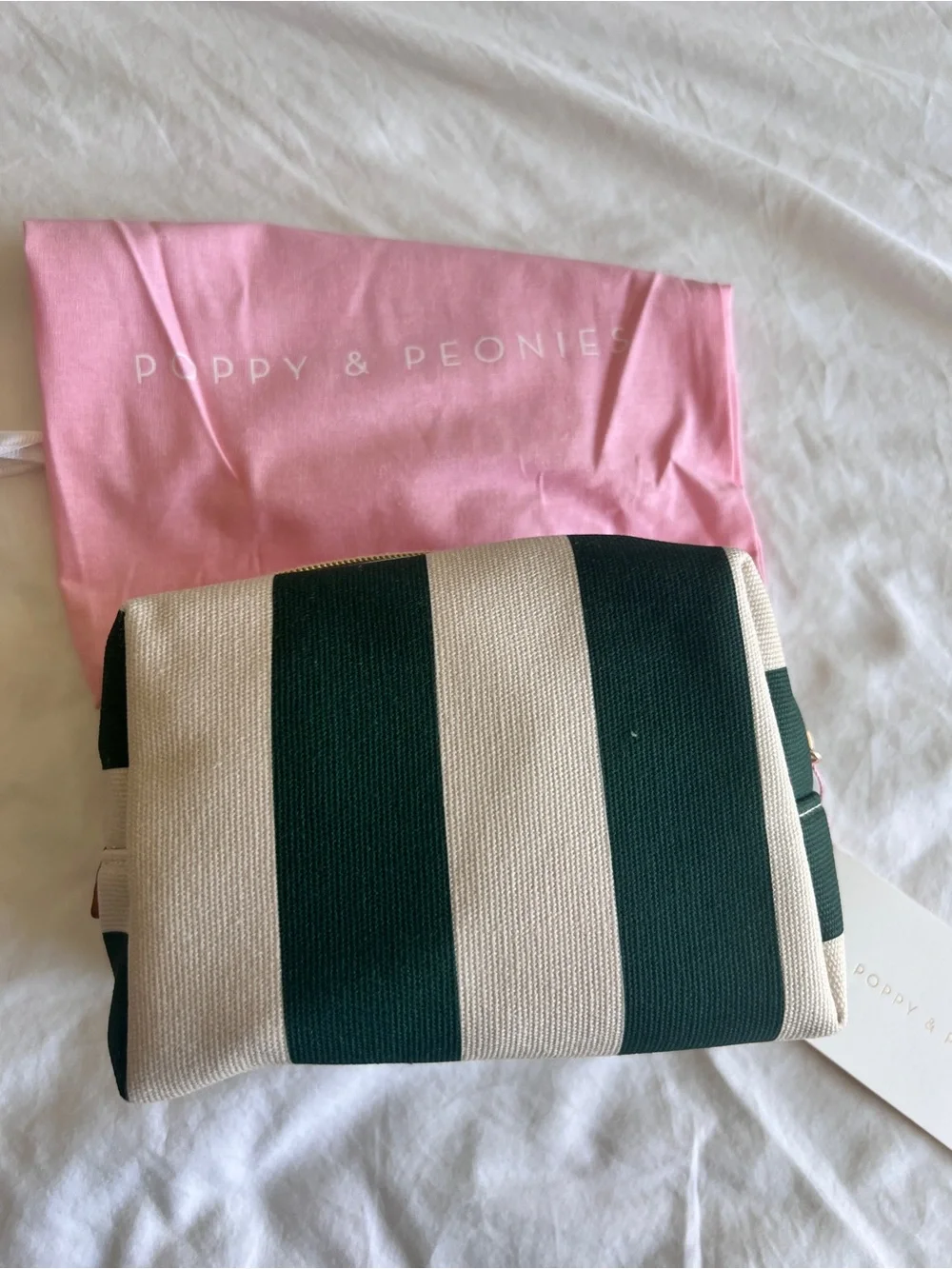 Poppy & Peonies Dark Green and Cream Striped Canvas Cosmetic Case